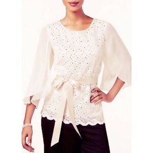 🩵Connected Apparel Cream Sequin Embellished Belted Sheer Sleeve Top Small